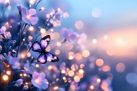 Magical butterfly on pink cherry blossom branch against blurred sunset sky with glowing bokeh lights creating dreamy spring atmosphere.