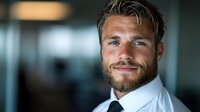 Confident Caucasian businessman with beard and styled hair smiling at camera in modern office environment. Professional corporate portrait with soft lighting and blurred background.