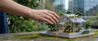 Hand reaching toward miniature eco-friendly house model with solar panels and greenery on wooden surface outdoors for sustainable architecture concepts.