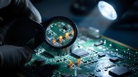 Technician examining computer circuit board with magnifying glass under bright light for electronic component inspection and quality control analysis.