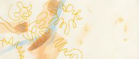 Watercolor illustration of a rocket ship with golden yellow and orange brushstrokes and abstract swirling lines on cream background, suitable for children's books, educational materials, and space-themed designs.