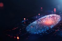 Digital fingerprint scan with red and blue illumination on dark background showing biometric security technology and personal identification pattern.