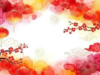Chinese New Year watercolor background with red lanterns, plum blossoms, traditional clouds and fireworks in warm festive colors for holiday celebrations.