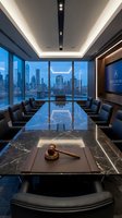 Modern corporate boardroom with marble conference table, city skyline view, and gavel for legal meetings and business negotiations in luxury office space.