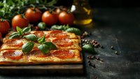 Homemade pepperoni pizza with melted mozzarella and fresh basil leaves on rustic wooden board, cherry tomatoes and olive oil in dark moody setting.