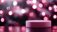 Pink glowing bokeh background with round product display platform, soft focus circles and sparkles creating magical atmosphere for cosmetic presentation.