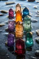Colorful crystal towers of amethyst, citrine and aquamarine gems arranged on reflective surface with stones. Natural healing minerals in mystical arrangement.