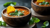 Creamy tomato soup garnished with fresh basil leaves and crispy tortilla chips served in rustic wooden bowl on dark background. Food photography.