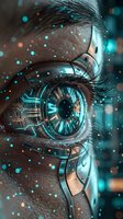Close-up of futuristic cyborg eye with glowing turquoise iris, metallic implants, and digital particles. Concept for artificial intelligence, technology innovation, and cybernetic enhancement.