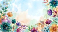 Watercolor floral background with colorful blooms and leaves in teal, purple, and gold tones on a soft pastel backdrop with copy space.