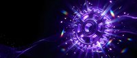 Futuristic purple holographic interface with glowing circular HUD elements and light effects on dark background for sci-fi technology designs.