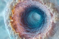 Microscopic view of cell membrane tunnel in orange and turquoise colors showing detailed structure of biological tissue with depth perspective.