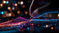 Glowing digital wave with finger touch interaction on dark background with colorful bokeh lights, representing technology and connectivity concept.
