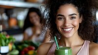 Young mixed race woman with curly hair smiling while holding fresh green smoothie at cafe. Healthy lifestyle and wellness concept for social media and advertising.
