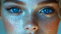 Mesmerizing bright blue eyes with magical glowing sparkles and frost effect makeup on fair skin, close up view against dark background. For beauty and fantasy designs.