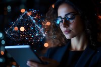 Young mixed race woman in glasses using digital tablet with glowing network hologram visualization, bokeh lights effect in dark background.