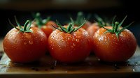 Fresh ripe tomatoes with water drops on dark background, macro shot showing detailed texture and green stems, arranged in row for food photography.