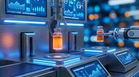 Modern laboratory automation system with robotic arm handling sample vials in high-tech research facility with digital displays and data analytics screens.