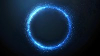 Glowing blue circular ring with sparkling particles and light effects against dark background creates magical portal atmosphere. For fantasy designs and space concepts.