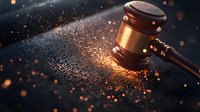 Wooden gavel dissolving into glowing particles against dark background, representing digital transformation of law and justice system in modern era.