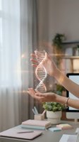 Hands holding glowing DNA helix with particles in modern office workspace, representing genetic research, biotechnology, and scientific innovation in contemporary setting.