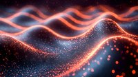 Abstract glowing coral waves with sparkles and particles flowing on dark background, luminous neon light trails creating dynamic motion effect.