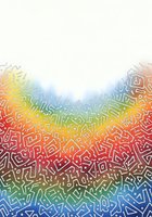 Colorful abstract line pattern with gradient transition from warm red and orange tones to cool blue and green hues, featuring intricate geometric shapes and symbols. Isolated on white background, ready for design projects.