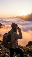 Female hiker wearing backpack and beanie photographing sunrise above cloud layer from mountain peak at golden hour for travel and adventure content.