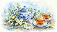 Watercolor tea set with blue and white porcelain teapot, two cups, and white flowers on a wooden table, soft pastel tones.