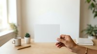 Diverse hand holding blank white card on wooden desk with coffee cup, succulent plant, and notebook for business branding mockup.