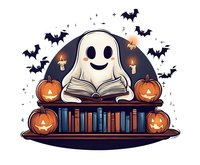 Cute ghost reading spellbook on bookshelf with jack o lanterns, flying bats and floating candles. Halloween cartoon composition on dark background. Magical library scene.