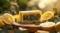 Handcrafted artisanal soap bar with natural lavender swirls displayed among fresh lemon slices and dried herbs on wooden surface in warm ambient lighting.