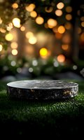 Round stone podium on green grass with magical bokeh lights background creating dreamy atmosphere for product display or artistic presentation.