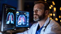 Caucasian male doctor with beard examining lung scans on multiple monitors in dark office setting with bokeh lights. Medical professional analyzing respiratory diagnostics.