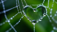 Delicate heart shape formed by morning dew drops on spider web against green natural background, showcasing nature's intricate patterns and pure love symbol.