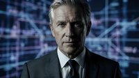 Mature Caucasian male executive in formal business attire against digital network background. Professional businessman wearing suit and tie for corporate, technology, finance, and leadership concepts.