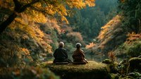 Two elderly people sitting peacefully on moss-covered stone wall surrounded by vibrant autumn foliage in serene forest setting during golden hour light.