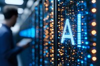 Professional in dark suit examining digital AI display with glowing blue letters and bokeh lights in modern data center environment for artificial intelligence concept.