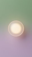 Luminous frosted glass sphere with soft glowing center, isolated on gradient background transitioning from sage green to mauve, suitable for modern design projects.