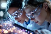 Young female scientists in protective eyewear examine glowing digital data visualization in modern laboratory setting with bokeh light effects and futuristic atmosphere.