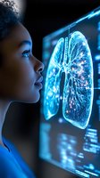 Young African American medical professional examining digital lung scan visualization with glowing blue holographic display showing detailed respiratory system.