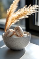 Delicate macarons in speckled ceramic bowl with dried pampas grass, natural sunlight casting soft shadows, minimalist composition for food and lifestyle content.