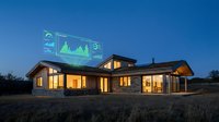 Modern smart home with holographic energy efficiency display at dusk showcasing sustainable technology and automated systems for eco-friendly living.