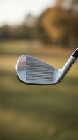 Golf iron club head close-up on blurred course background with warm autumn lighting for sports and recreation content.