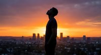 Young African American man silhouette standing against vibrant sunset sky overlooking city skyline. Urban lifestyle and contemplation concept for motivation content.