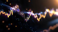 Glowing financial chart line with colorful neon effect showing market volatility against dark background with bokeh lights and particle effects.