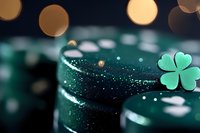 Green casino chips with lucky clover symbol and bokeh lights create atmospheric gambling composition for gaming and betting concepts.