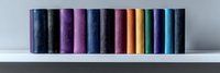 Colorful hardcover books arranged in rainbow spectrum order standing on white shelf against gray wall, creating minimalist library display with vibrant spines.