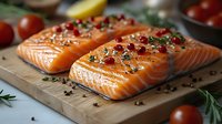 Grilled salmon fillets with herbs and spices on wooden board, healthy seafood dinner recipe with cherry tomatoes and seasonings for cooking preparation.