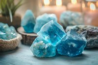 Raw blue fluorite crystals on wooden surface with glowing candles in background creating mystical atmosphere for spiritual practices and crystal healing.